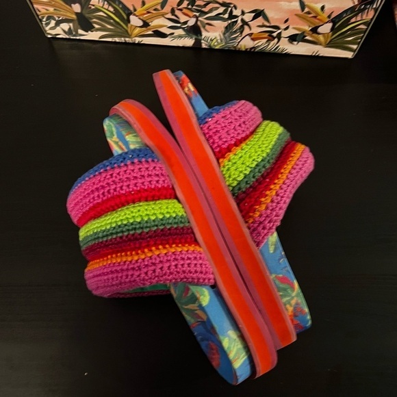 Farm Rio Womens Blue Macaw Crochet Anatomic Slide Sandals Made In Brazil Size 10 - Picture 6 of 10